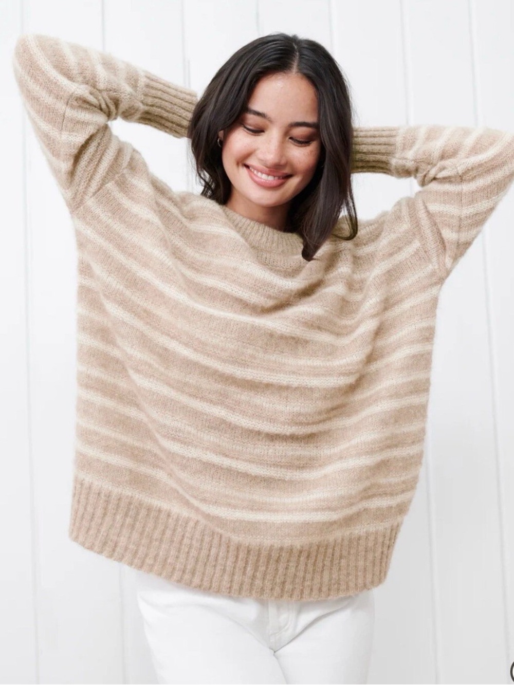 JENNI KAYNE Cocoon Crewneck Pullover Sand Stripe M